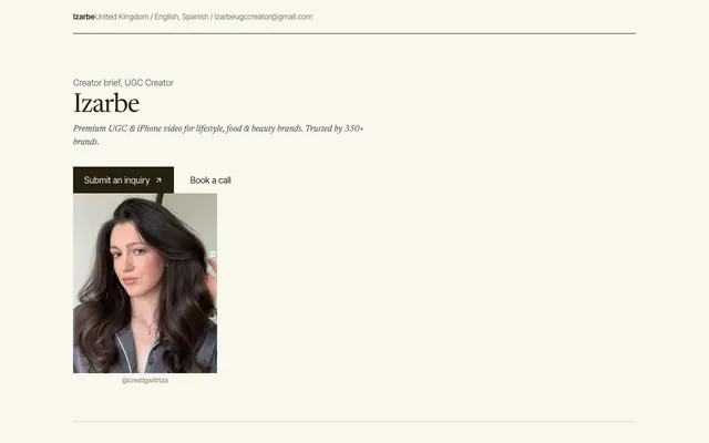 The Brief media kit template, shown with an example creator