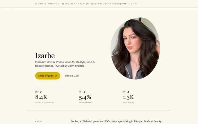 The Editorial media kit template, shown with an example creator
