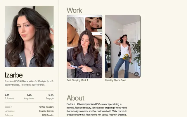 The Folio media kit template, shown with an example creator