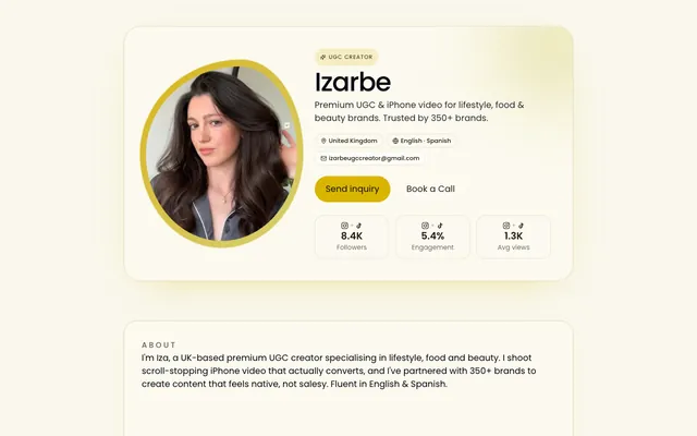The Glass media kit template, shown with an example creator