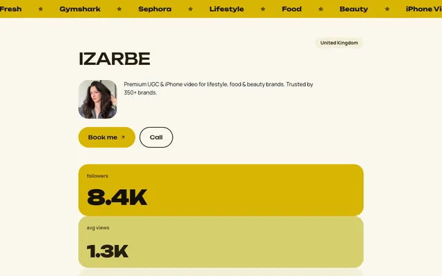 The Marquee media kit template, shown with an example creator